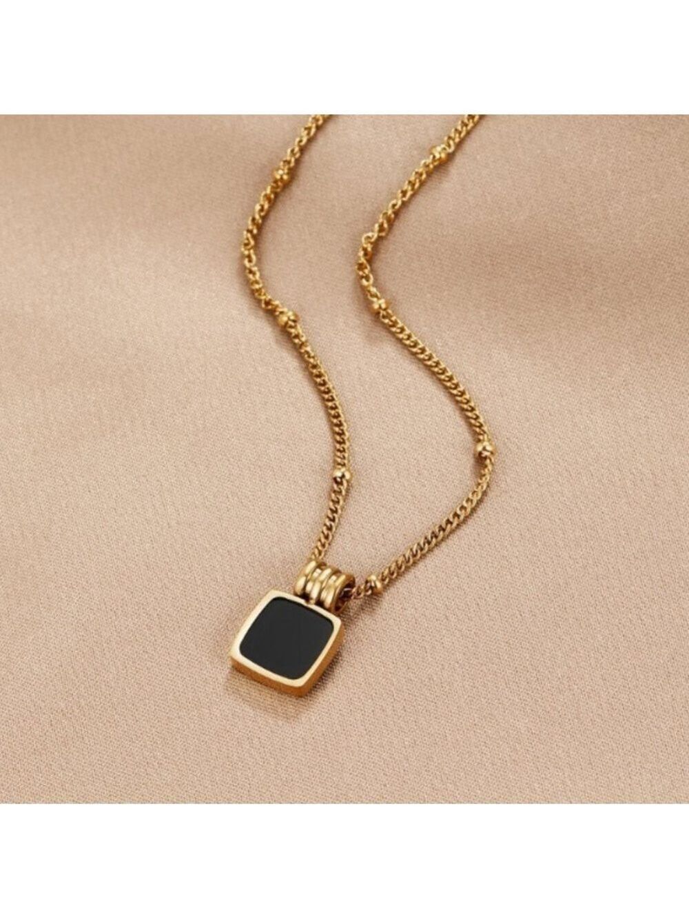 NWT Gold Necklace with Black Square Pendant